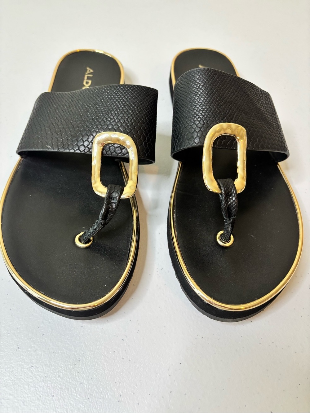 ALDO Black Slide Sandals with Gold Buckle Detail - Picture 2 of 5